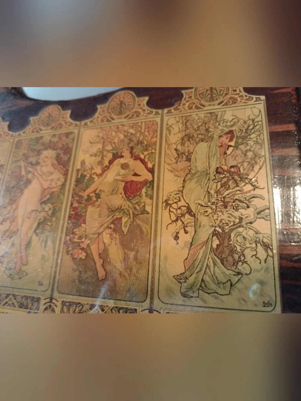 Vintage Art Nouveau Wooden Mirror with Four Seasons Panels, Handmade - Picture 8 of 11